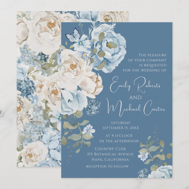 Invitation Mariage floral romantique bleu Dusty (Devant / Derrière)