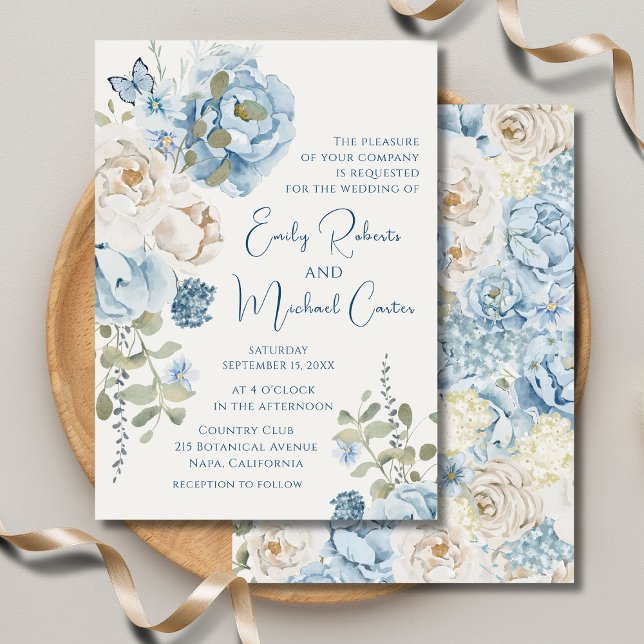 Invitation Mariage floral romantique bleu Dusty (Créateur téléchargé)