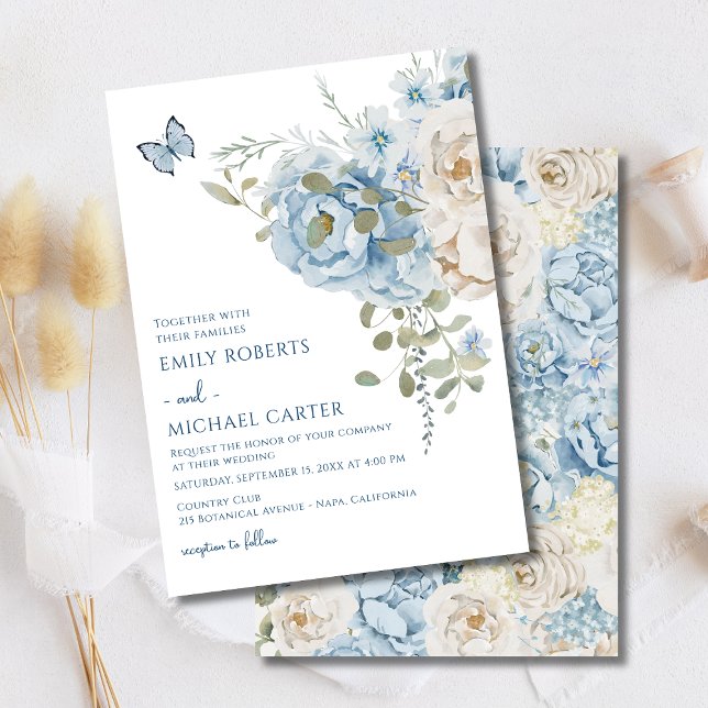Invitation Mariage floral romantique bleu Dusty (Créateur téléchargé)