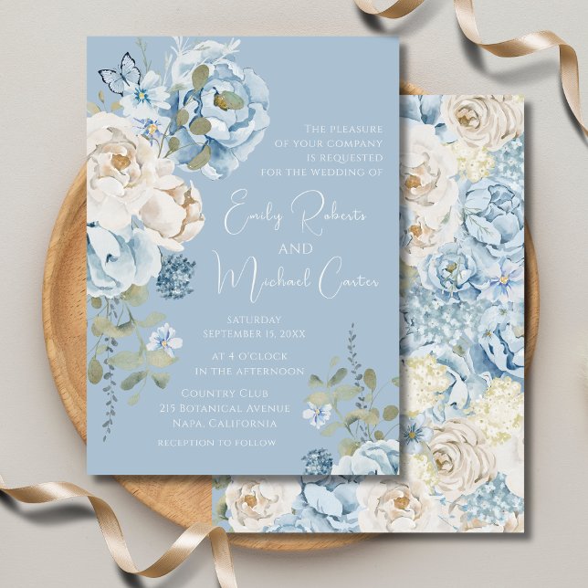 Invitation Mariage floral romantique bleu Dusty (Créateur téléchargé)