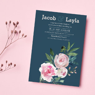 Invitation Mariage floral romantique bleu rose pâle rose