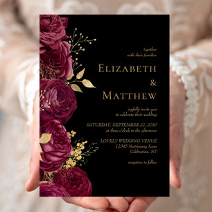 Invitation Mariage Floral Romantique Bourgogne Noir Or