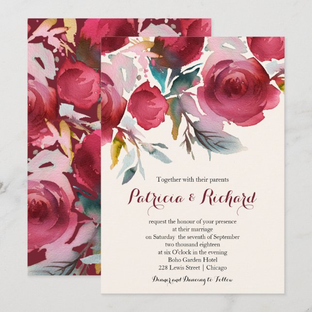 Invitation Mariage floral romantique de Bourgogne Marsala (Devant / Derrière)