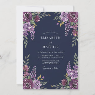 Invitation Mariage Floral Romantique en Prune Profond