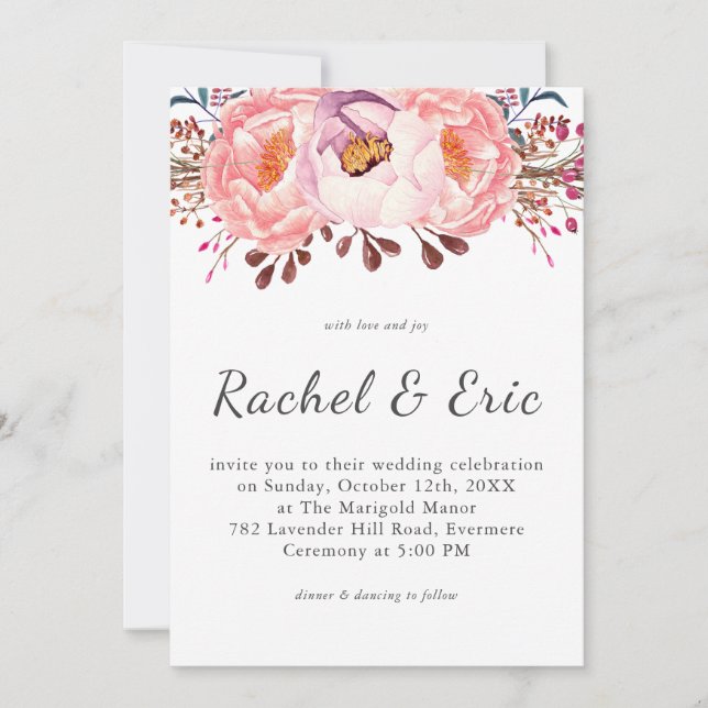 Invitation Mariage floral romantique rose pâle rose (Devant)