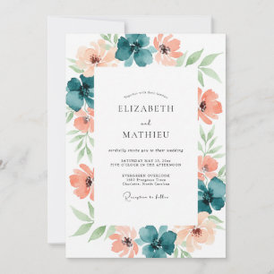 Invitation Mariage Floral Romantique Teal Peach