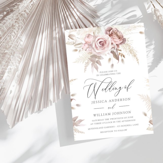 Invitation Mariage floral rose blanc Boho Rose poussiéreux (Créateur téléchargé)