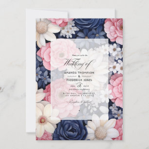 Invitation Mariage floral rose, blanc et bleu marine