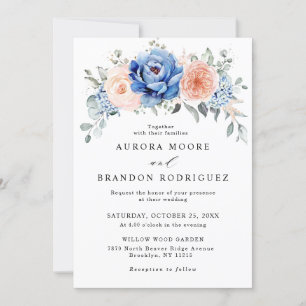 Invitation Mariage floral rose bleu marine