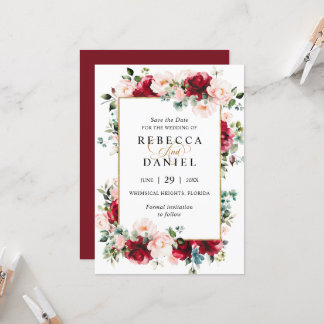 Invitation Mariage floral rose bordeaux et bleu Enregistrer l