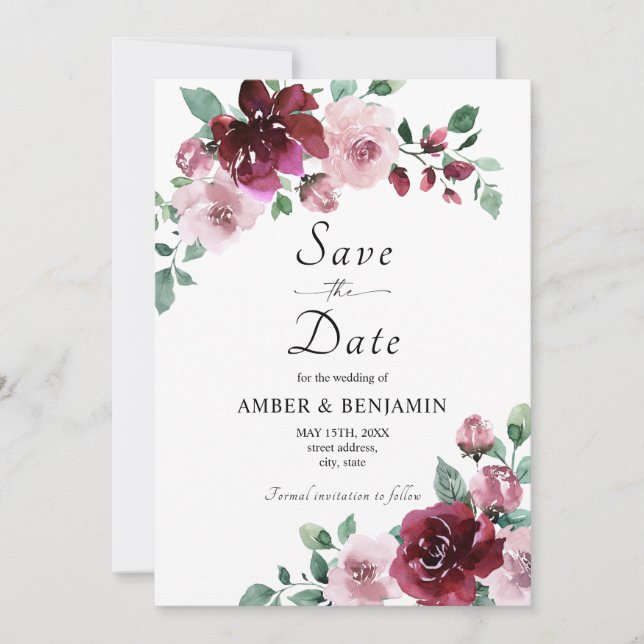 Invitation Mariage Floral Rose Bourgogne & Dusty Enregistrer  (Devant)