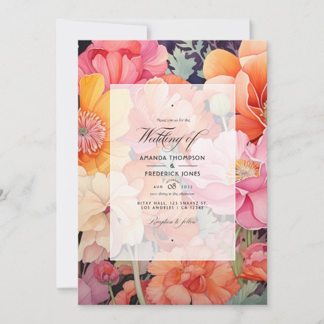 Invitation Mariage floral rose, corail et orange (Devant)