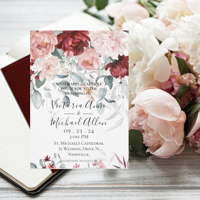 Invitation Mariage floral rose de Bourgogne (Créateur téléchargé)
