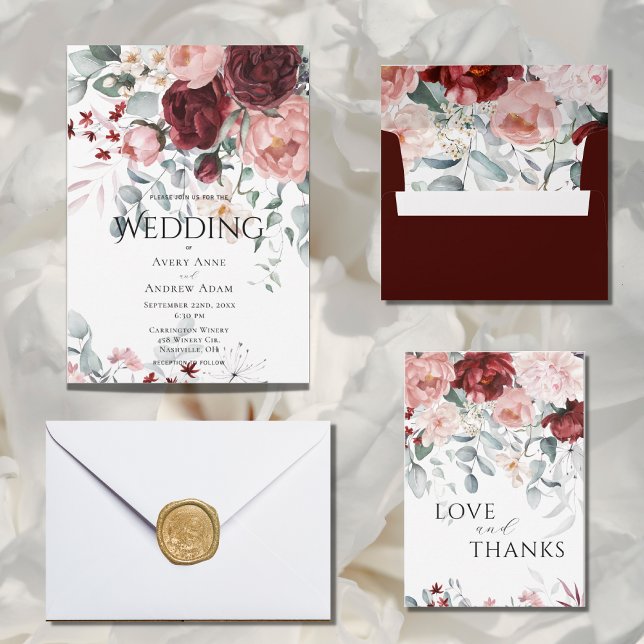 Invitation Mariage floral rose de Bourgogne (Créateur téléchargé)