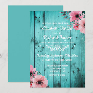 Invitation Mariage floral rose en bois turquoise de Boho de
