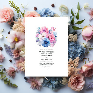 Invitation Mariage Floral Rose et Bleu Tendre