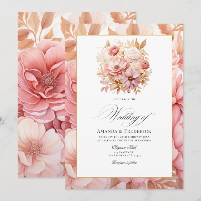 Invitation Mariage floral rose et or (Devant / Derrière)