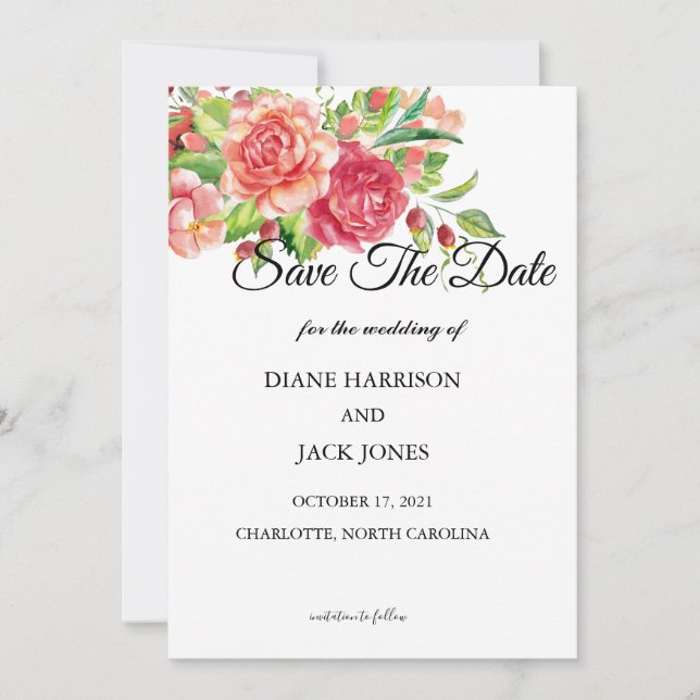 Invitation Mariage floral rose et Pêche Enregistrer la date (Devant)