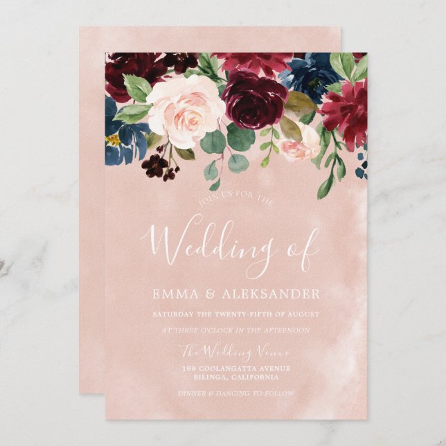 Invitation Mariage floral rose et rouge (Devant / Derrière)