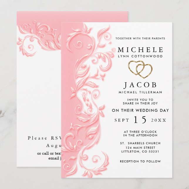 Invitation Mariage floral rose et RSVP (Devant / Derrière)