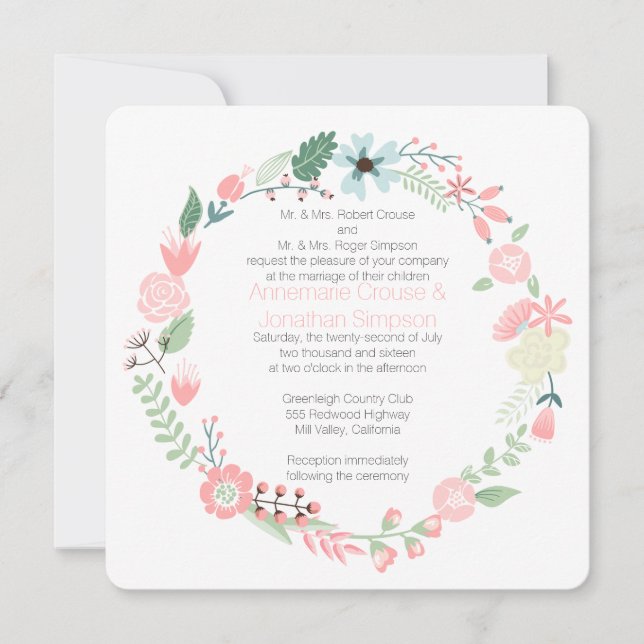 Invitation Mariage Floral Rose Et Vert (Devant)