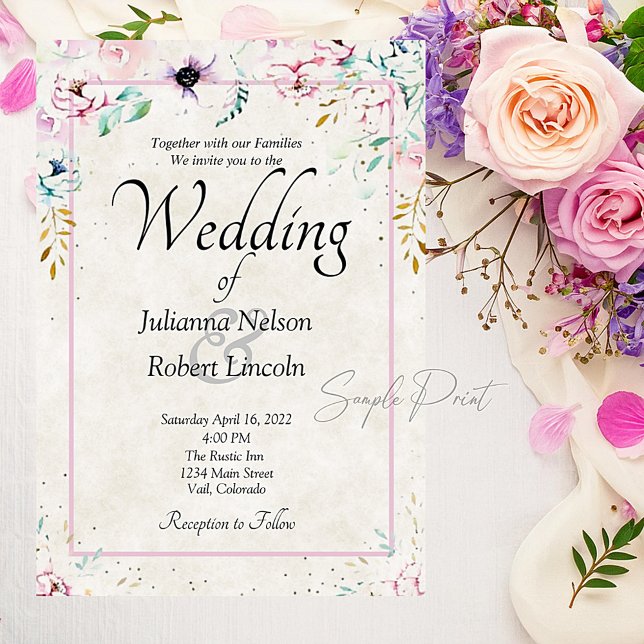 Invitation Mariage floral rose et violet Pretty Blank   Invi (Créateur téléchargé)