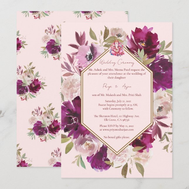 Invitation Mariage floral rose géométrique Hindu Ganesh (Devant / Derrière)