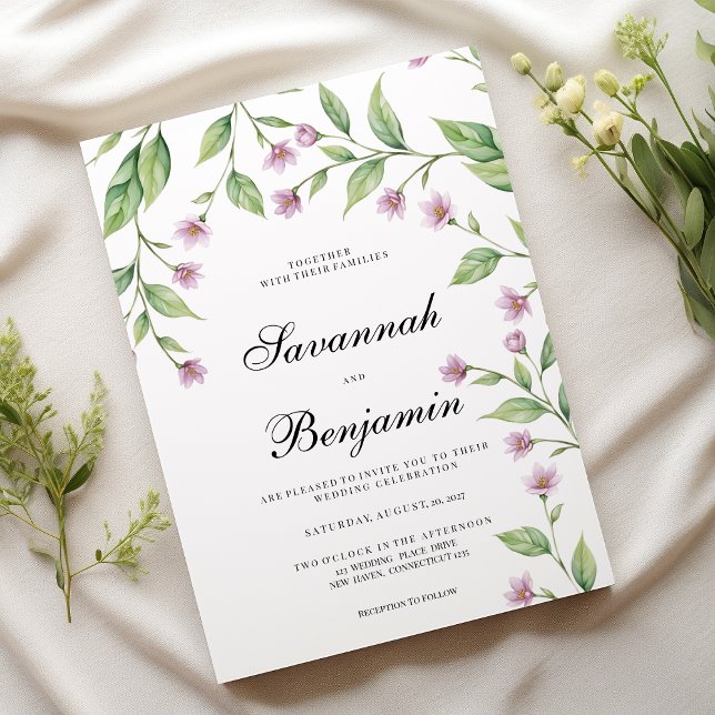 Invitation Mariage floral rose lavande (Simple lavender pink green floral wedding)