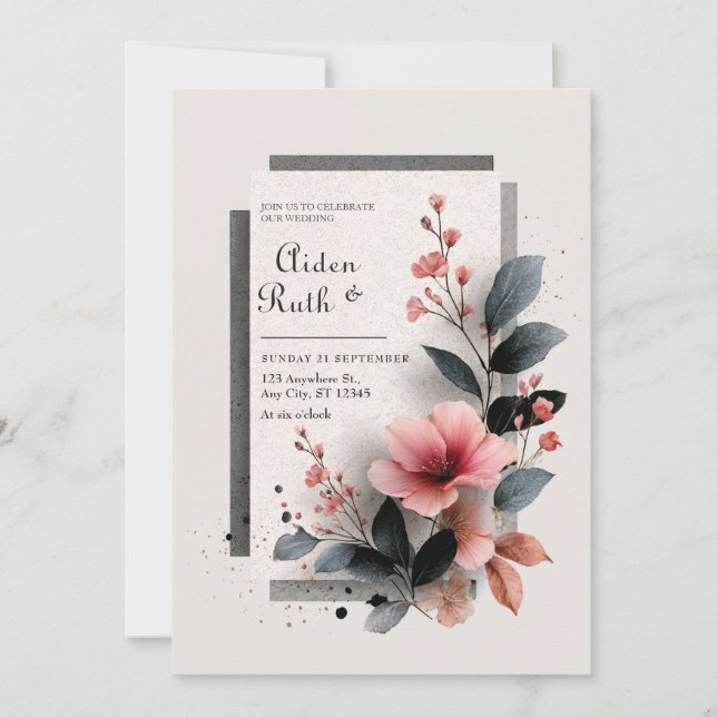 Invitation Mariage floral rose moderne (Devant)