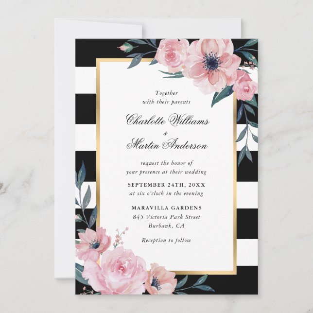 Invitation Mariage Floral Rose Moderne Rayé Noir (Devant)