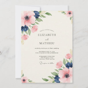 Invitation Mariage Floral Rose Navy Dans Un Style Artistique