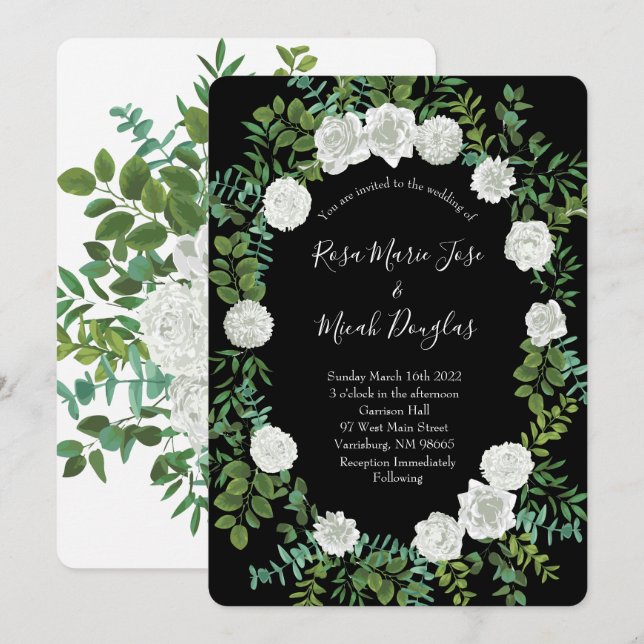 Invitation Mariage floral rose noire et blanche (Devant / Derrière)