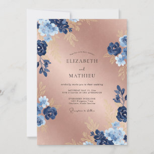 Invitation Mariage Floral Rose Or Doré Navy Brillante