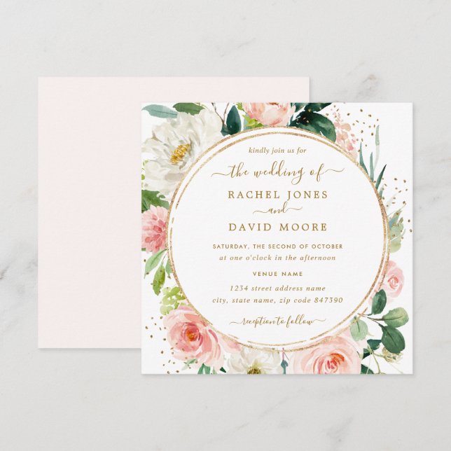 Invitation Mariage Floral Rose or moderne (Devant / Derrière)