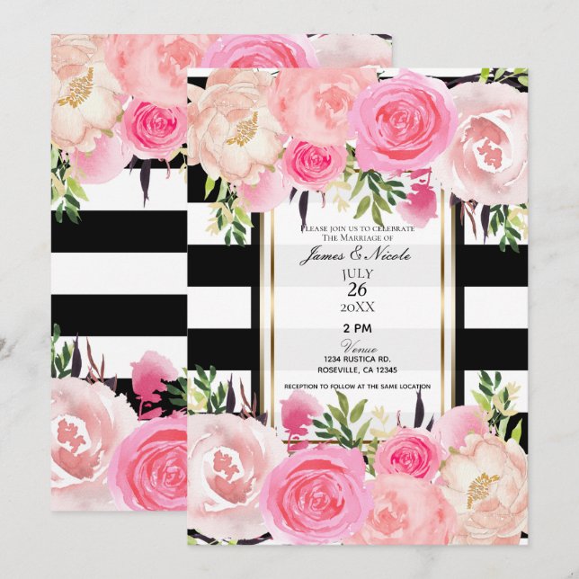 Invitation Mariage Floral rose or noir (Devant / Derrière)