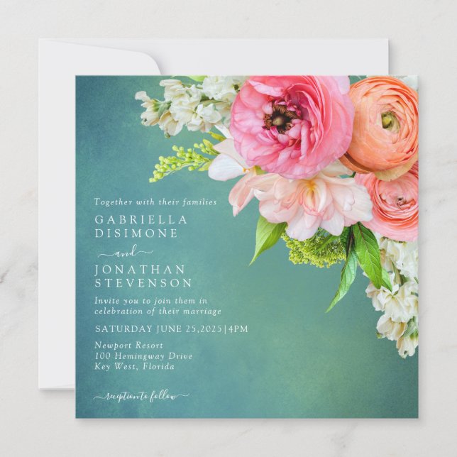 Invitation Mariage floral rose orange moderne (Devant)