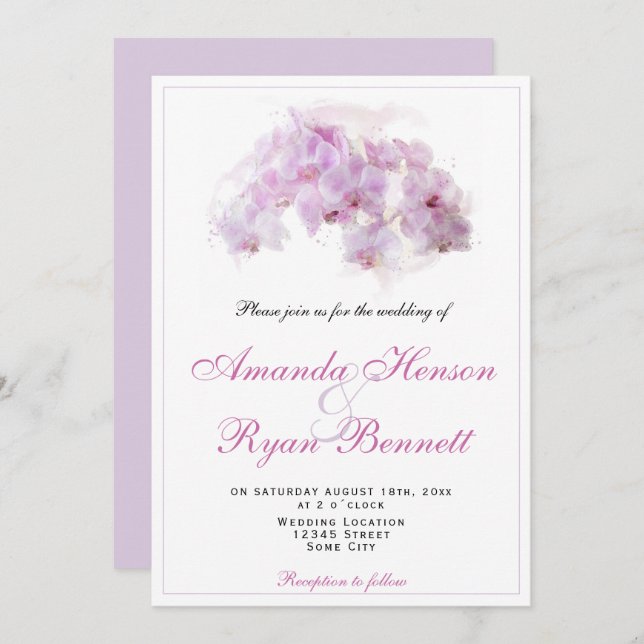 Invitation Mariage floral rose orchidée (Devant / Derrière)