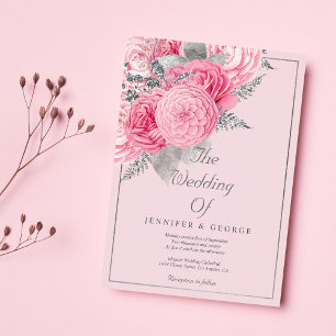 Invitation Mariage floral rose pailleté argent botanique