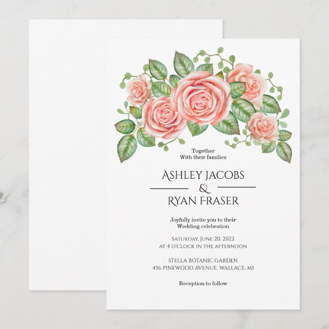 Invitation Mariage floral rose pâle (Devant / Derrière)