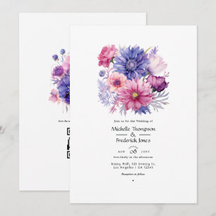 Invitation Mariage floral rose pétale, bleu bleuet et mauve