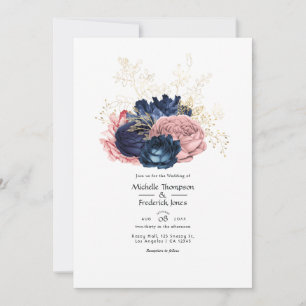 Invitation Mariage floral rose poudré, bleu marine et or