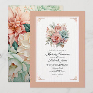 Invitation Mariage floral Rose Poussiéreuse, Vert Menthe et B