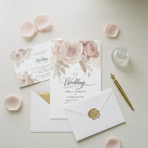 Invitation Mariage Floral Rose Poussiéreux Élégant avec Verdu