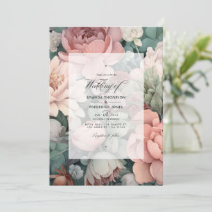 Invitation Mariage Floral Rose Poussiéreux, Vert Menthe et Bl