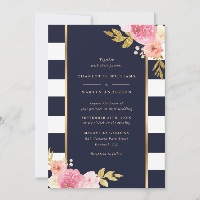 Invitation Mariage floral rose rayé bleu bleu marine (Devant)