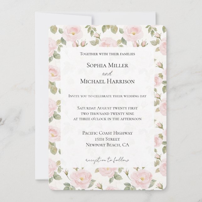 Invitation Mariage floral rose romantique (Devant)