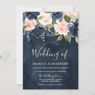 Invitation Mariage floral rose rose pâle de la Marine profond