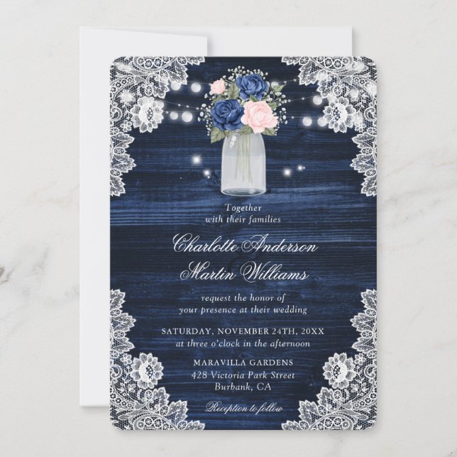 Invitation Mariage floral rose rose pâle de la Marine Rustiqu (Devant)