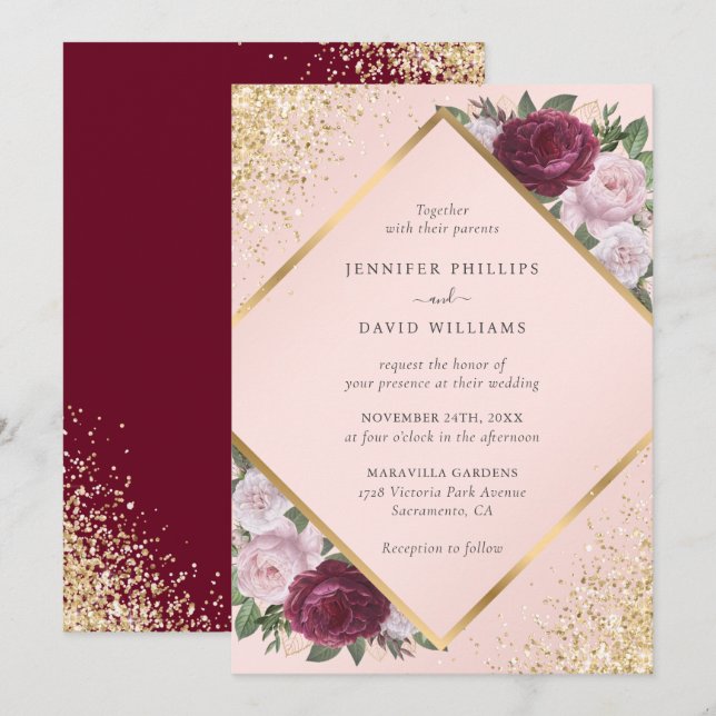 Invitation Mariage floral rose rose pâle géométrique de Bourg (Devant / Derrière)