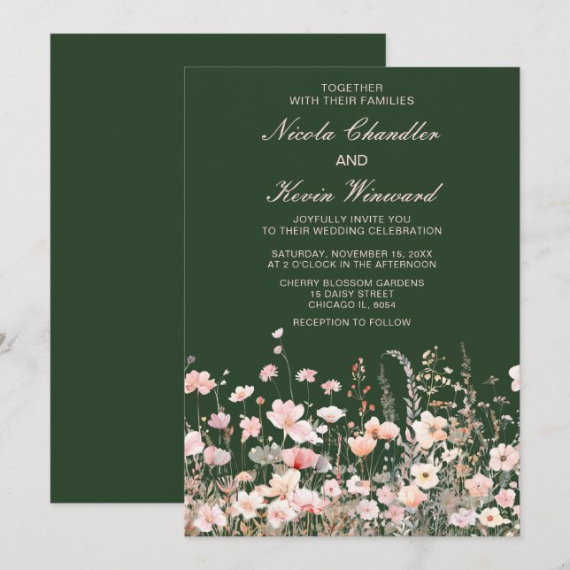 Invitation Mariage floral rose rose rose fleur sauvage (Devant / Derrière)